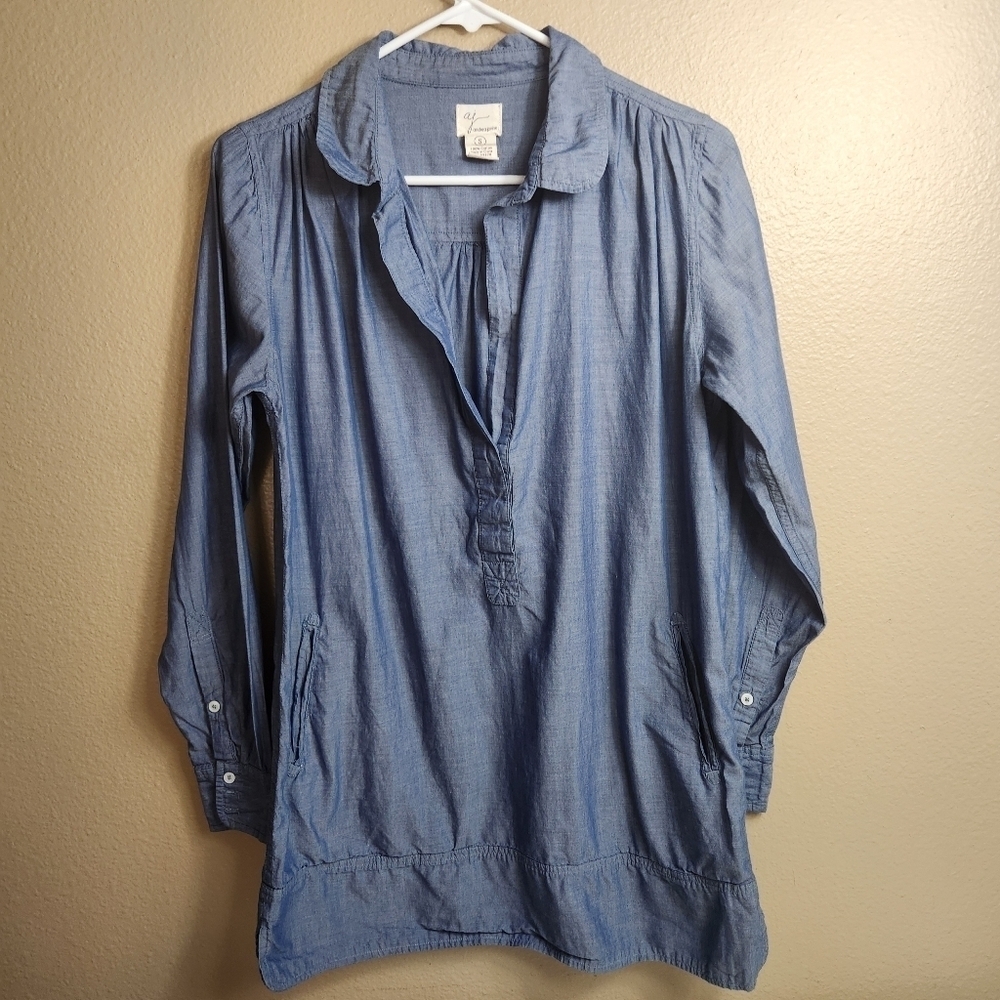 Andrea Jovine Womens Cotton Blue Chambray Popover Tunic w/Pockets-Size S